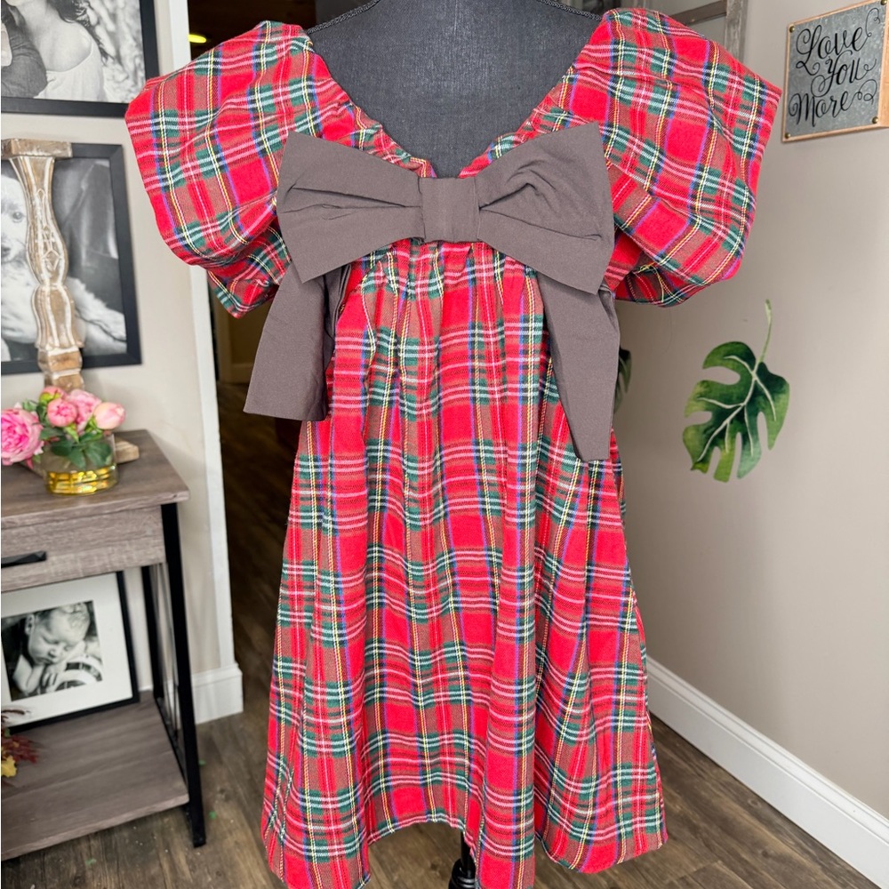 Red Plaid Dress with Brown Bow